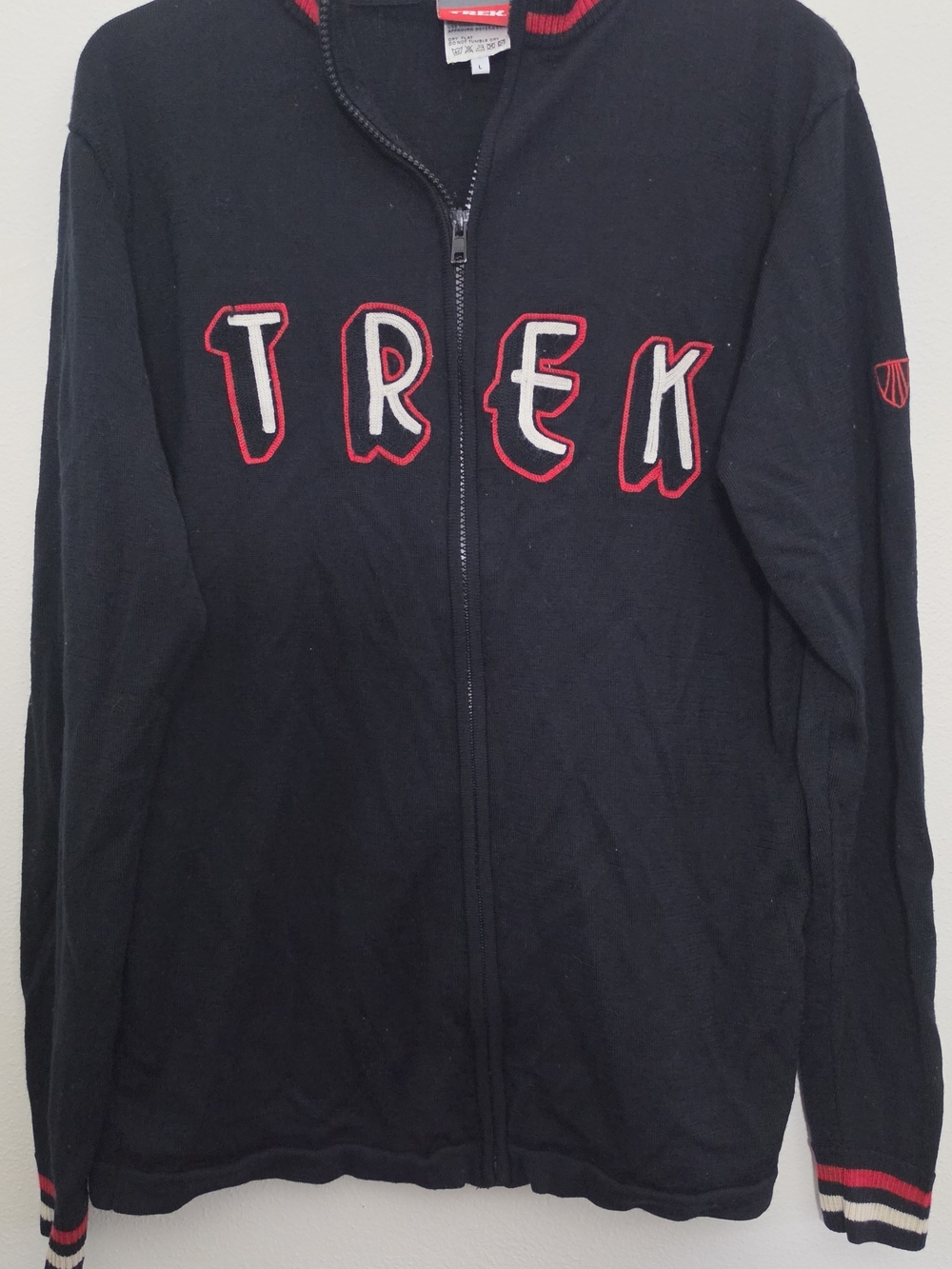 Trek 100% Wool Full Zip Cycling Sweater Jacket Black Red Men’s Large